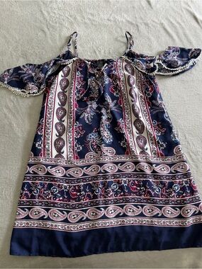 Girls Navy Paisley Cold-Shoulder Dress